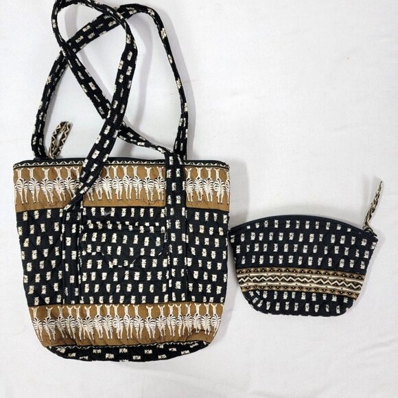 Vera Bradley Handbags - Vera Bradley Double Handle Purse Black Brown Zebra Retired + Cosmetic Bag Zip Up